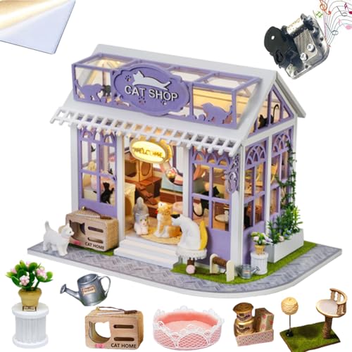 Cjeuxnr Miniature Vintage Magic Coffee Shop Dollhouse kit, DIY Wooden Crafts Creative Room with Furniture and Dust Cover Handmade Set, Idea Gift for Adult Friend Lover (AC-001)