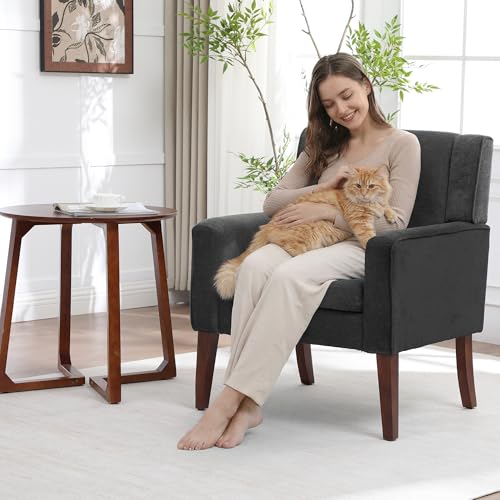 Image of Accent Chairs Set of 2, Mid-Century Reading Chair with Wood Legs, Upholstered Comfy Living Room Chair for Bedroom, Apartment, Waiting Room, Dark Grey