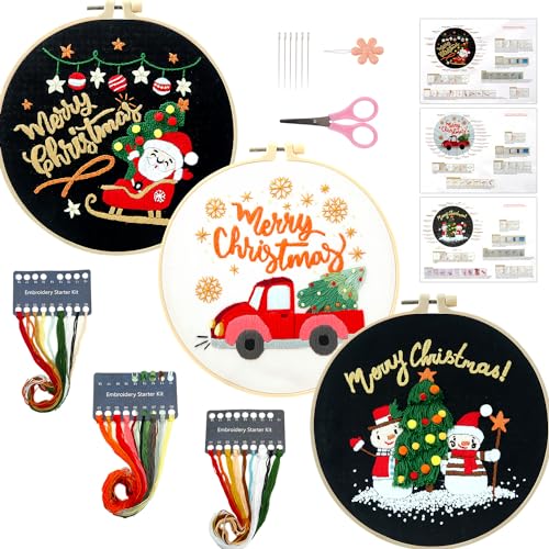 MAMUNU 3 Sets Christmas Embroidery Kits for Beginners Adults Santa Snowman Car Stamped Cross Stitch Kits