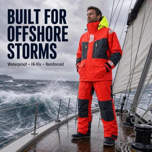 Image of Men's PRO Offshore Sailing Suit, Waterproof Jacket & Bib Pants | 3-Layer Fabric, Hi-Vis Hood, Reinforced Hips And Knees, Adjustable Suspenders, Reflective Safety Details