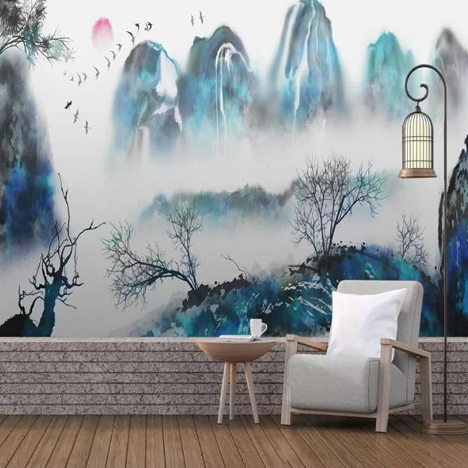 Papier peint style chinois encre paysage pour une ambiance zen et poétique dans le salon