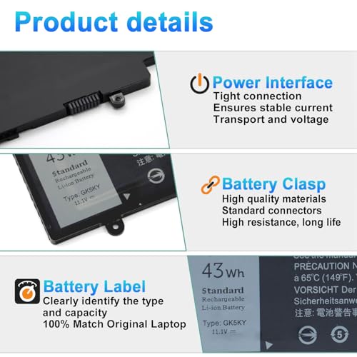 Image of 43Wh GK5KY Laptop Battery Replacement for Dell Inspiron 11 3000 3147 3148 3153 3152 3157 3158 15 7000 7558 7568 13 7353 7359 7347 7348 7352 4K8YH 92NCT RHN1C 0WF28 P20T P20T001 P55F P55F001
