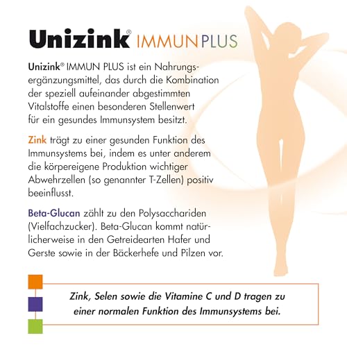 Unizink IMMUN PLUS – Nährstoff-Komplex mit Zink, Vitamin C, D3 und E sowie Selen, Bioflavonoiden und Beta-Glucan, unterstützt eine normale Funktion des Immunsystems, gluten- & laktosefrei, 90 St