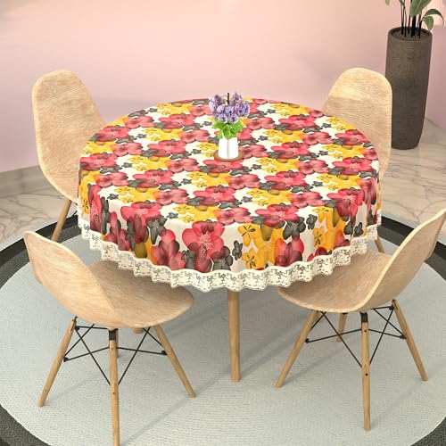 Image of Kuber Industries Polyvinyl Chloride(PVC)60x60 Inches Round Waterproof 4 Seater Dining Table Cover,Durable & Wipeable Centre Table Sheet,Cloth & Protector for Home,Bedroom&Office,Multi Floral,White Red
