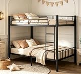 Feetice Queen Over Queen Metal Bunk Bed, Heavy Duty Bunk Bed for Adults with 400/600lbs Capacity, Full-Length Top Guardrails, Anti-Slip Foam Ladder & 9.8" Underbed Space,Black