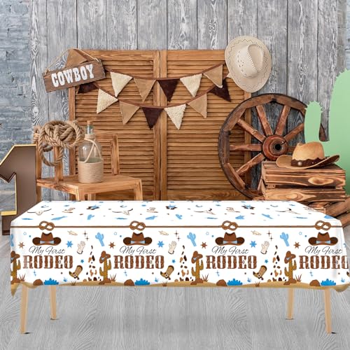 Image of gisgfim 3 Pcs My First Rodeo Birthday Party Supplies Western 1st Rodeo Party Tablecloths Blue Cowboy Table Cover Decorations for Boy Baby Shower
