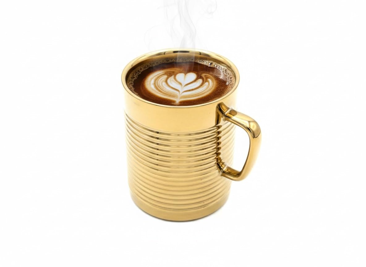 Gold Coffee Cup with Ribbed Design, Metallic Finish Mug for Hot Beverages