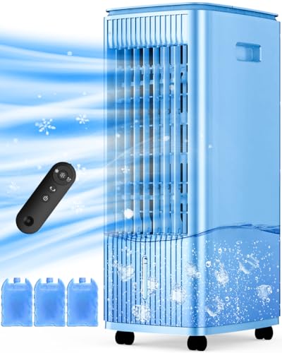 Image of MYICY 3-IN-1 Windowless Air Conditioner w /Double Tanks, Smart Timer, 3 Ice Packs, 60W Evaporative Air Cooler, 70 Oscillation, 3-Speed 25-INCH Swamp Cooler Air Conditioner Portable for Room