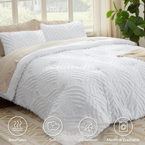 Image of BEDELITE Boho Comforter Set Queen - Tufted Boho Bedding Set, Bright White | Soft & Lightweight Comforter for All Seasons, Jacquard Farmhouse Bedding with 2 Pillowcases