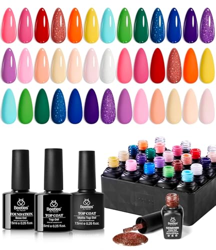 Image of Beetles Gel Polish Set, 23pcs Rainbow Gel Nail Polish Pink Orange Green Red Glitter Color with Base Glossy and Matte Top Coat Manicure Kit Shoujo Manga Soak Off Uv Led Gifts for Women