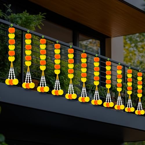 iHandikart Artificial Pack of 5 Marigold Flower Hanging | 22 Inch, with Decorative Beads Made with Premium Artificial Flowers & Durable Thread Festive Door & Balcony Decor (RK-33707-5)