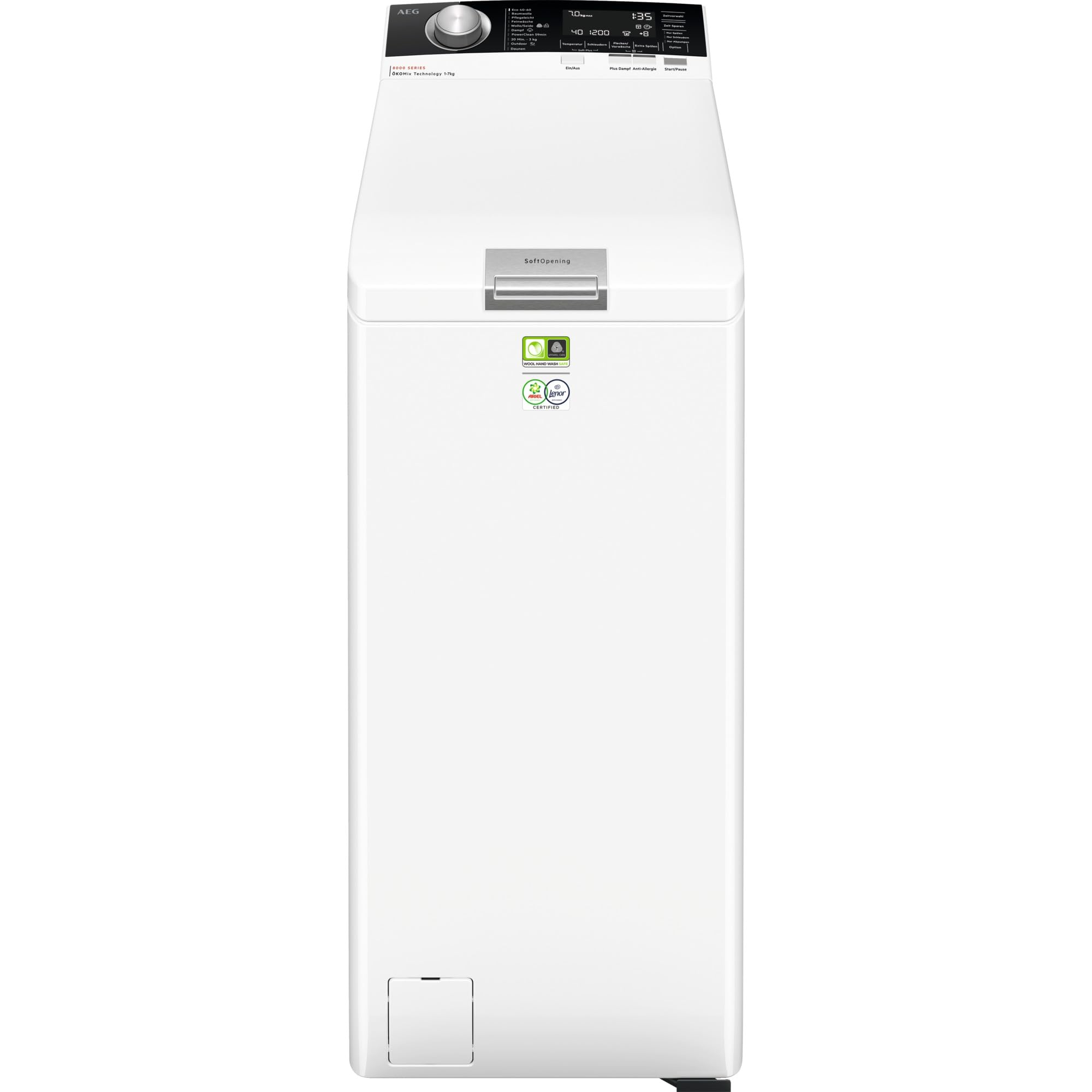 AEG Waschmaschine Toplader, 40 cm, 7 kg, Serie 8000 PowerCare - Faserschonend Sauber in nur 59Min. bei 30 °C, Dampf-Programm – Weniger Bügeln, Mengenautomatik, Nachlegefunktion, 1300 U/min, LTR8A80370
