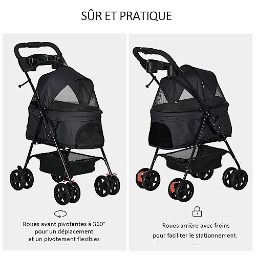 PawHut Buggy faltbar Hund Katze Korb Aufbewahrung Getränkehalter Stoff 300D Oxford wasserdicht 4 Räder schwarz