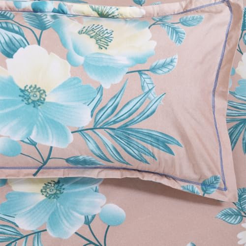 Image of ROMEE Elegant Floral Printed Glace Cotton Double Bedsheet, 144 TC Soft Feel, Queen Size (90 x 100 Inches), with 2 Pillow Covers, Beige & Blue
