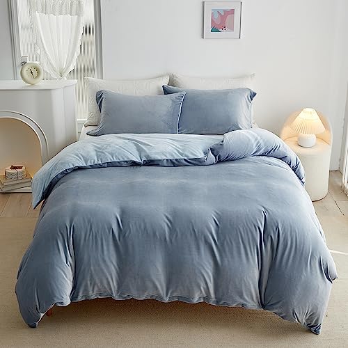ARYURBU Juego de ropa de cama de franela de 2 piezas, color gris y azul, 1 funda nórdica de 135x200 cm y 1 funda de almohada de 80x80 cm, reversible, para otoño e invierno