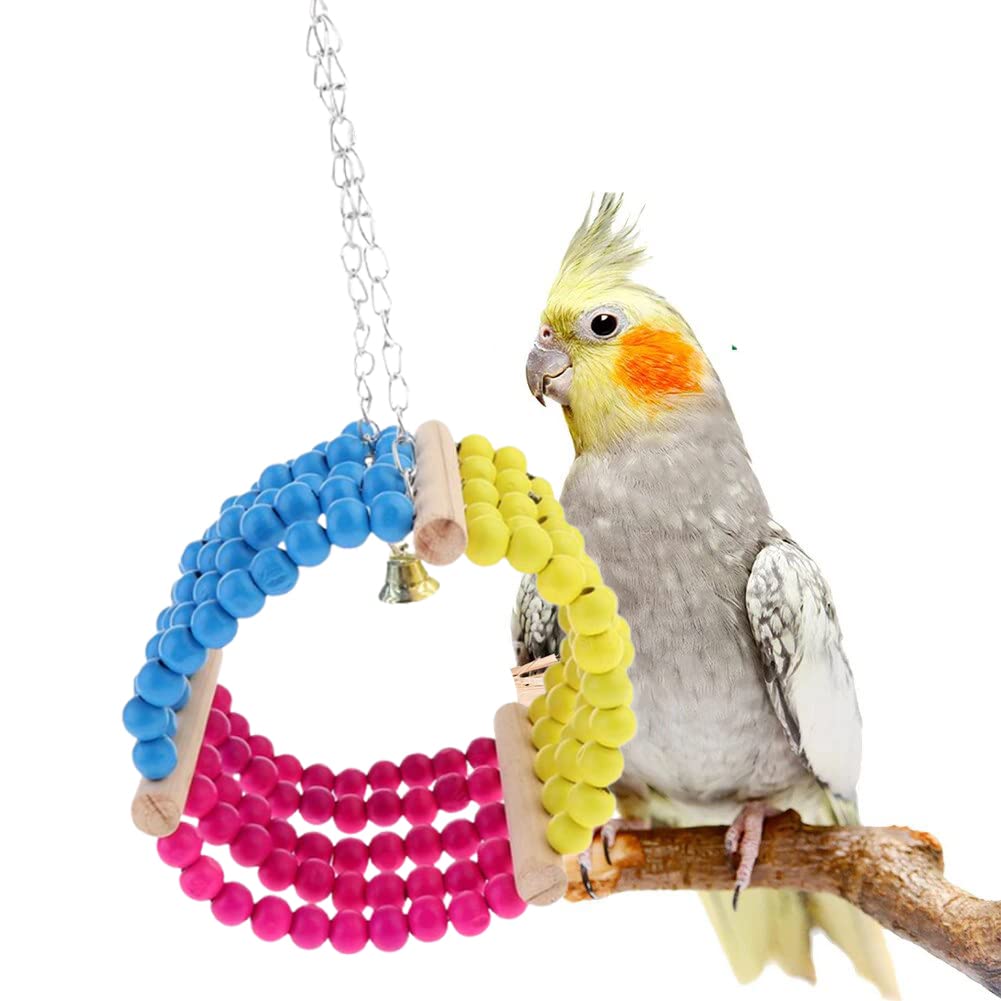Bird Toys/Natural Wooden with Beads Hanging Swing Ring Toy Playful Natural Gym, Cage Accessories for Cockatiel, Lovebird, Budgerigar, African Grey, Parrot, Canary