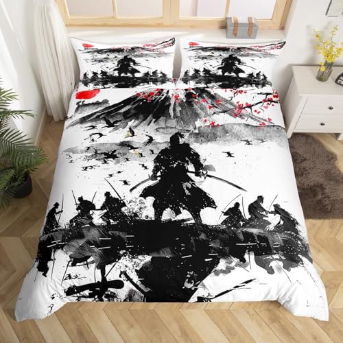 Feelyou Japanese Samurai Bedding Set Queen Size Kids Cherry Blossoms Comforter Cover Set for Boys Girls Teens Red Sun Hokusai Pattern Home Decor Duvet Cover Fuji Mountain Bedspread Cover
