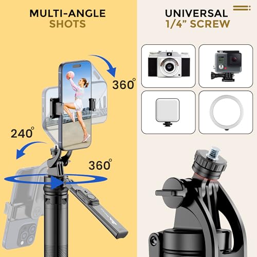 Image of WeCool Quadripod Selfie Stick Extendable Upto 71 Inches, 360 Rotatable Handle, Detachable Bluetooth Remote, Phone Tripod for Vlogging, YouTube, Travel, iPhone, Android