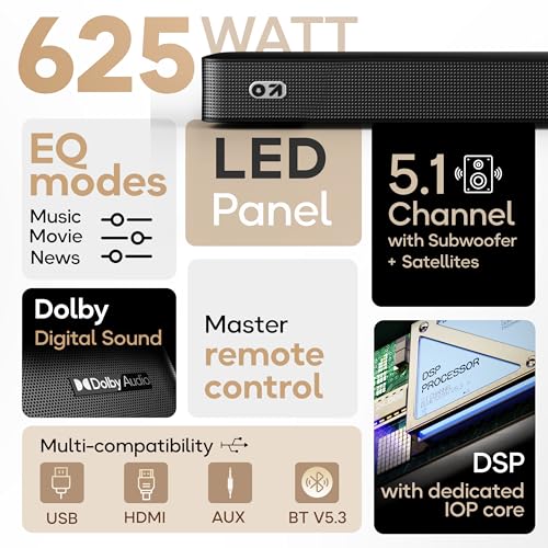 Image of GOBOULT Bassbox X625 5.1ch Dolby Digital 625W Bluetooth Soundbar Down-Firing Subwoofer Surround Sound Home Theatre,Dedicated DSP, USB /HDMI /AUX & Optical Fiber Connectivity