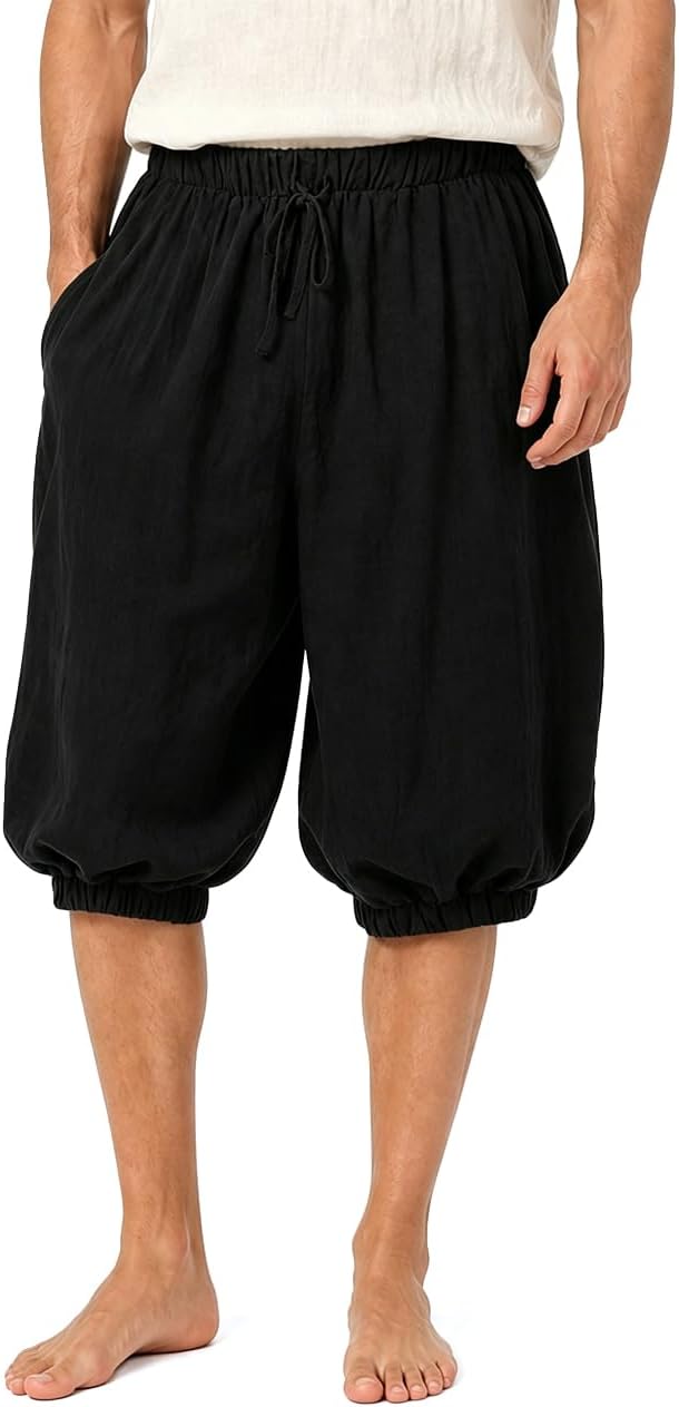 JEGERMIG Men's Medieval Pirate Shorts Renaissance Baggy Knee Length Pants Viking Costume Drawstring Bloomers for Cosplay