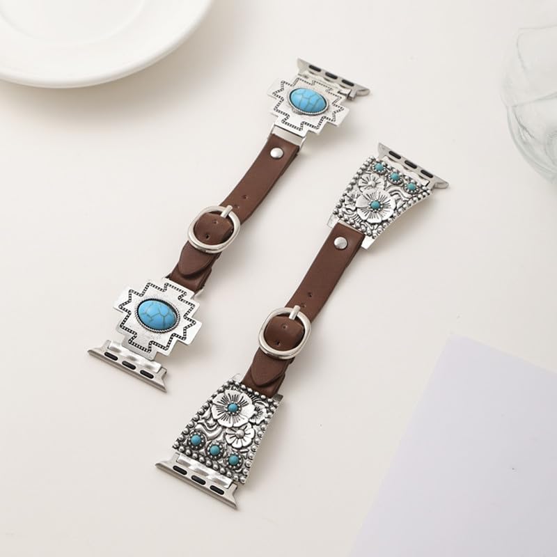 Bracelet de montre bohème vintage en cuir turquoise antique compatible avec iWatch pour homme et femme | Bijoux occidentaux cowboy chic, compatible avec Smart Watch Series Ultra 2SE