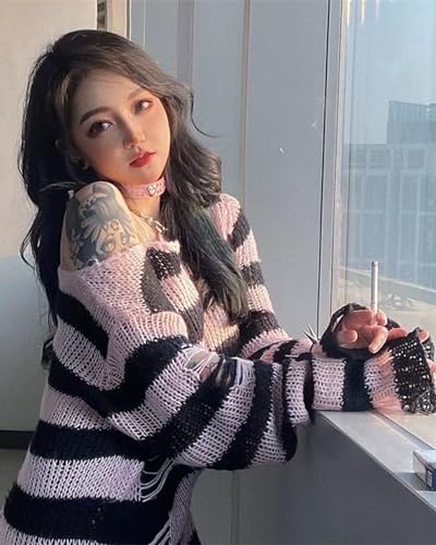 Image of Goth Y2K Striped Sweater Grunge Ripped Punk Gothic Sweaters for Women