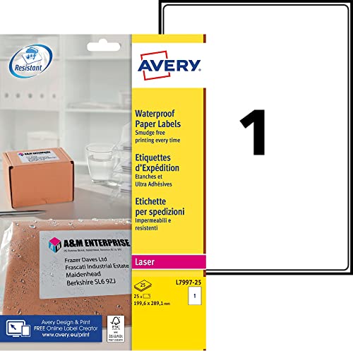 Avery Printable, Customisable Weatherproof/Waterproof, Parcel Mailing Labels, Laser Printers, L7997-25, White, 1 Per A4 Sheet