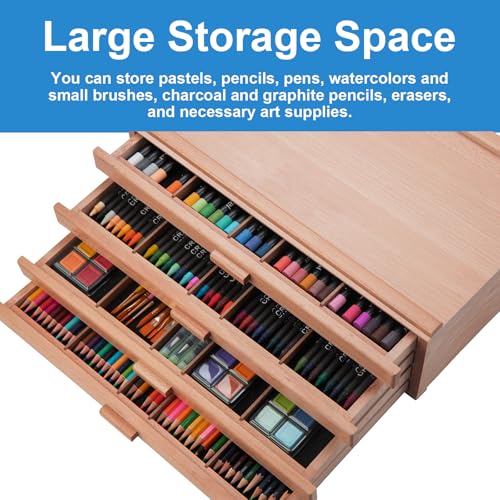 Image of Falling in Art 4 Drawer Artist Supply Storage Box, Wooden Pastel Storage Box, Portable Organizer Box for Pastels, Pencils, Markers, Brushes and Art Supplies