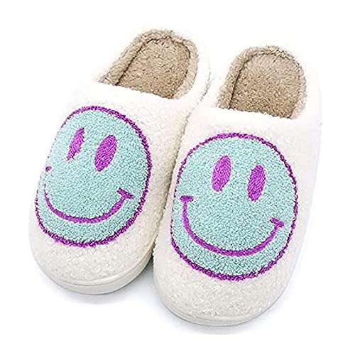 PLMOKN Comfy Smiley Face Cozy Plush Warm Slide on House Slipper with Memory Foam Home Slip-on Fur Slippers Cushioned Indoor Outdoor Clog Slipper for Women Men Girls Boys,White+cyan-6-7Women/5-6Men