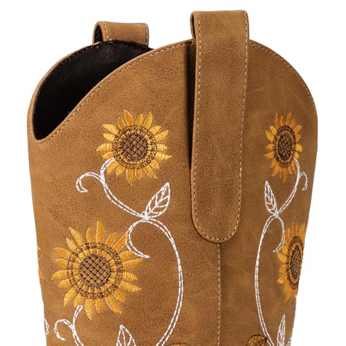 Image of Cowboy Boots for Women - Mid Calf Western Sunflower Cowgirl Boots with Floral Embroidery, Square Toe Stitched Pull On Retro Design, Perfect for Country Idyll, Concerts and More