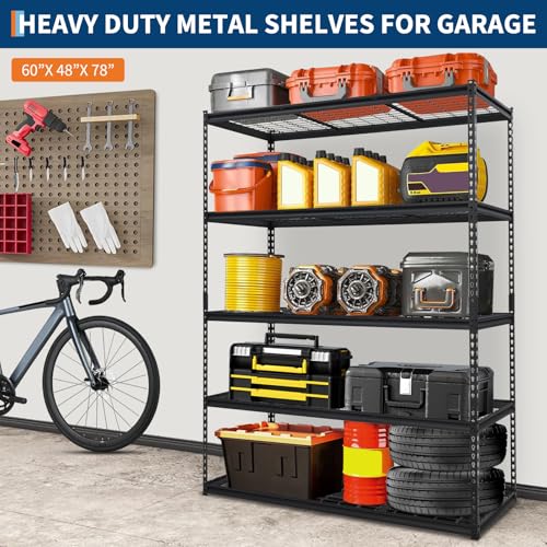 GarveeHome Garage Shelving, 5-Tier Heavy Duty Garage Shelving, 60" L x 24" W x 78" H Storage Shelves Adjustable Height, Metal Shelves for Kitchen Pantry Basement Laundry, Easy Assemble