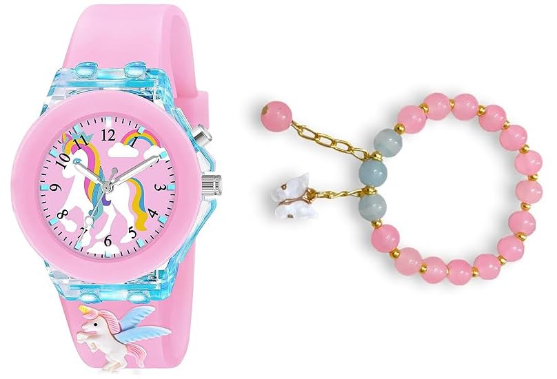 Acnos 2 Pieces Kids Premium Rubber Watch Gift Set for Kids Watch Bracelet Gift for Daughter Gift for Birthday Luxury Gifting for Her Water Resistant