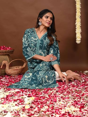 Image of Rimeline Women's Cotton Printed Kurta with Lace-Trim V-Neckline | Straight Fit Ethnic Wear for Festive, Casual & Office Use