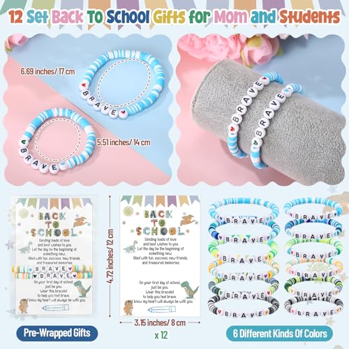 12 Set Back to School Mommy and Me Bracelets Matching Clay Beaded Wish Bracelets Colorful Mom and Mini with Heart and Brave Gift for Mother Students Class2