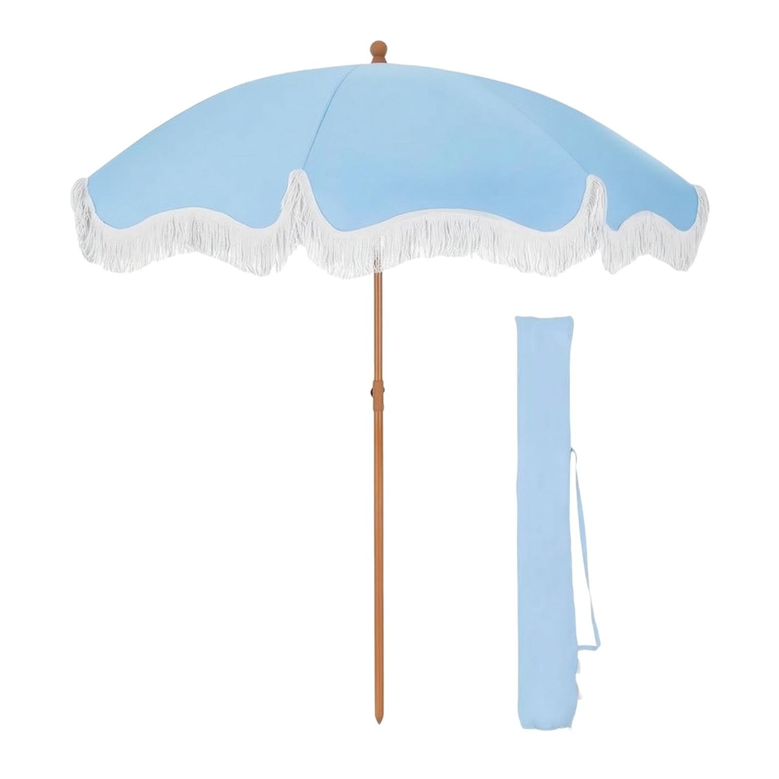 Fringed Parasol Round Canopy Garden Parasol Pointed Base Portable Sun Umbrella for Patio Light Blue-image-12