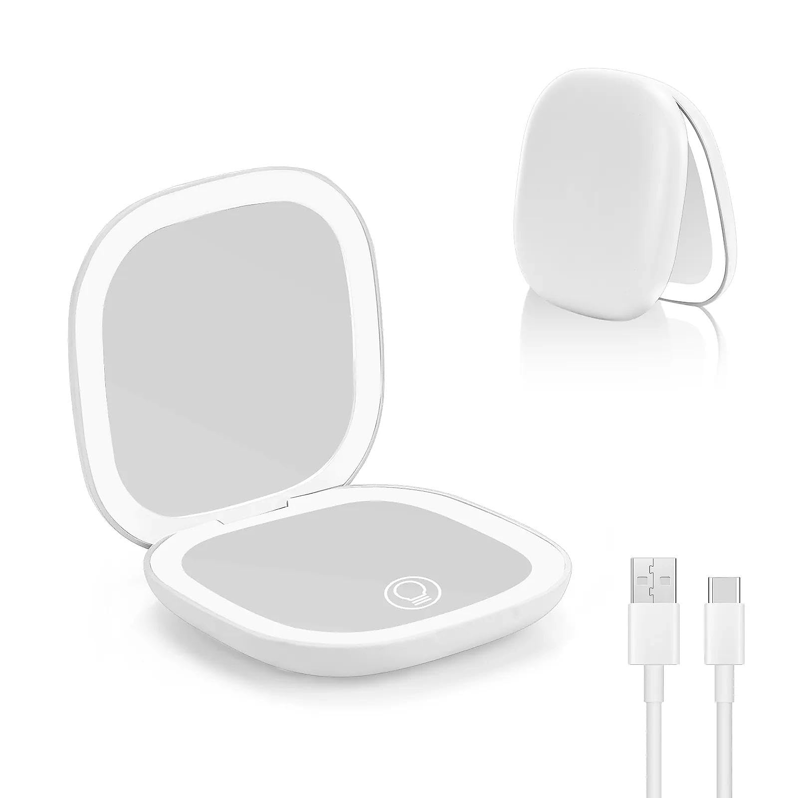 Collazoey LED Specchio Ingranditore, 1X/10X Specchietto da Borsetta, Chargement par USB, 3 Luci Regolabile Portatile Specchio da Viaggio, Interruttore Magnetico Pieghevole Piccolo Mirror (Bianco)