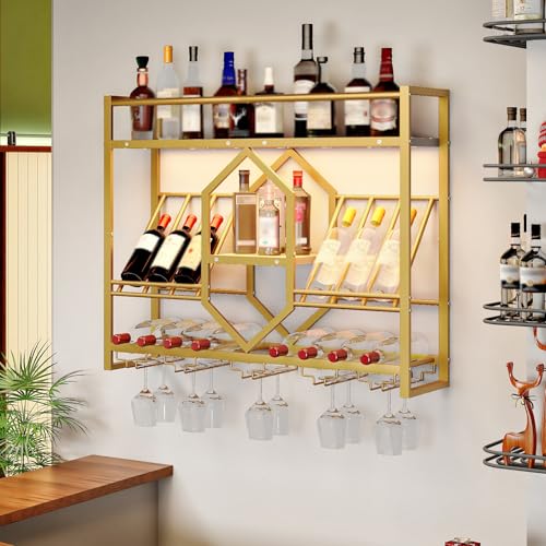 HOOBRO Wall Mounted Wine Rack with LED Light, 31.5' Wine Shelf, 3 Tier Wine Bottle Display Shelf with Glass Holder, Hanging Bar Liquor Storage Rack, for Kitchen, Bar, Gold and White DW73DBJ01