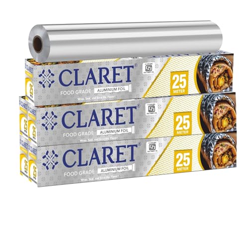 Image of Claret Aluminium Foil 25 Meter | Food-Grade, Extra Strong & Durable | Retains Freshness & Keeps Food Warm | Ideal for Wrapping, Baking, Grilling & Storing Food (Pack of 5)