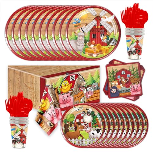81pcs Vaisselle de fête à la ferme, Vaisselle de fête d'anniversaire pour Enfants Animaux de la Ferme Thèmes Anniversaire Fournitures, Assiettes Papier...