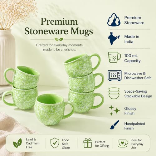Image of Colorfull Ceramic Tea Cup Set of 6 Pcs - 100ml | Tea /Chai Cup Sets Coffee Mugs Ceramic Dinnerware Crockery for Kitchen | Ideal for Kitchen, Home Daily Use & Gifting (Dewdrop Green Whisper)
