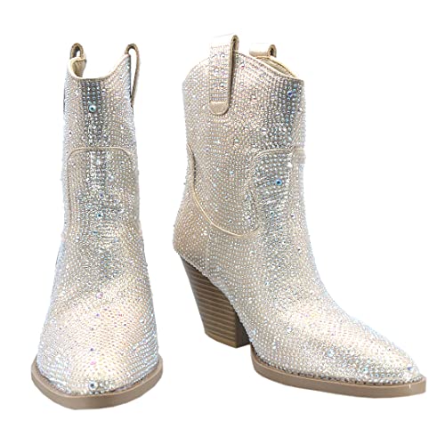 Image of ABSOLEX Women Western Cowgirl Cowboy Pointed Toe Rhinestone Ankle Booties