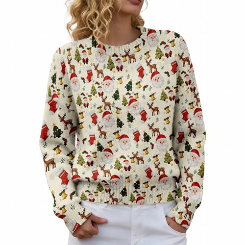 Suéter de Navidad para mujer, ajuste regular, tejido con hombros caídos, Papá Noel, reno, campanas, bayas, gráficos, suéter de Navidad, amarillo, M