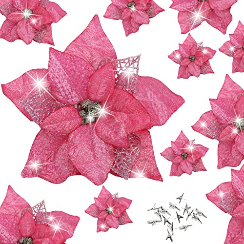 15 Pieces Christmas Glitter Poinsettia with Clips Christmas Poinsettia Decorations Artificial Poinsettia Flowers Ornament Christmas Flowers for New Year Wedding Home Decoration 8.7inch/22cm Pink