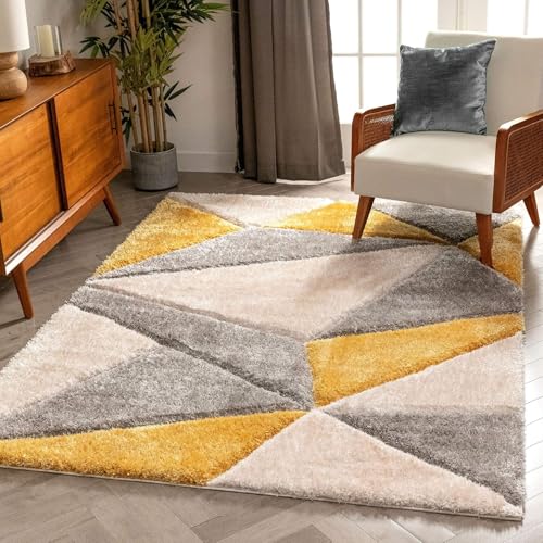 Image of Urban Modern Decor Features 5x8 Feet Modern Soft Shaggy Carpet Thick, Fluffy & 2 inch Pile Shag Rug for Your Kids Room, Bedroom & Livingroom(5x8 feet, Grey & Yellow Tri)