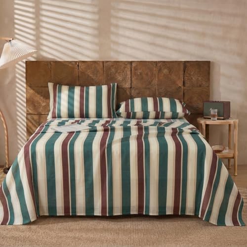 Image of Merryword Green Cabana Striped Sheet Set King Size - 100% Cotton Striped Bedding 4 Pieces, Soft Breathable Percale Weave, 17.5 inch Deep Pocket, Luxury Linen Like, All Season Comfort