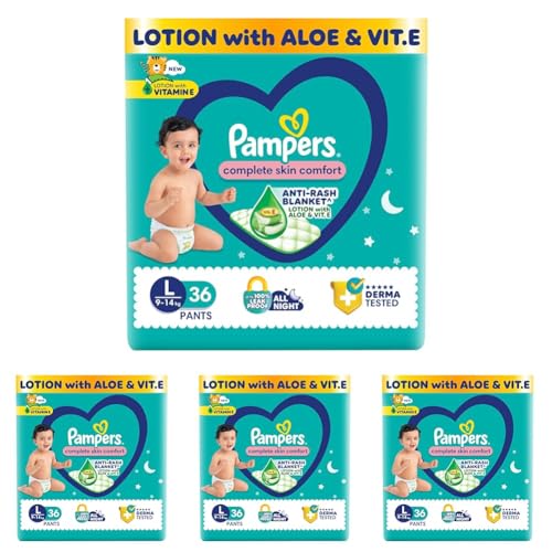 Image of Pampers Complete Skin Comfort Pants, (L) 36 Count Anti-rash blanket, Lotion with Vitamin E & Aloe Vera, Large size baby Diapers,9-14 kg (Pack of 4)