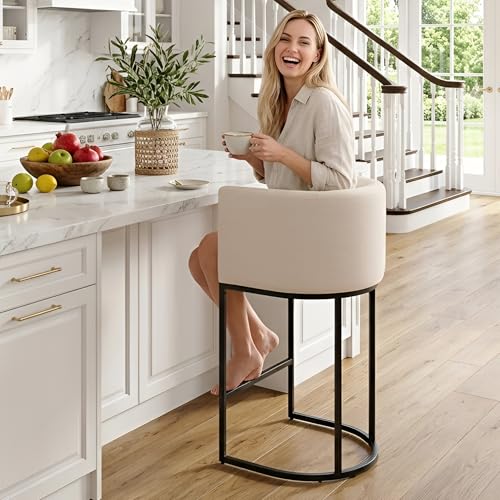 Image of HNY Modern Counter Height Linen Fabric Cream Upholstered Counter Stool, 29 Inch Kitchen Island Stool with Black Tubular Frame
