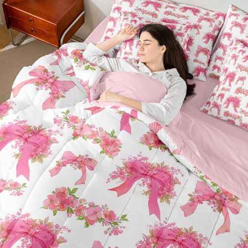 Image of Erosebridal Pink Floral Bowknot Bed in A Bag Twin 7 Piece Girly Bows Ribbons Comforter Set Valentine Flowers Bedding Sets for Kids Girls Bow Tie Princess Sheet Set with Comforter