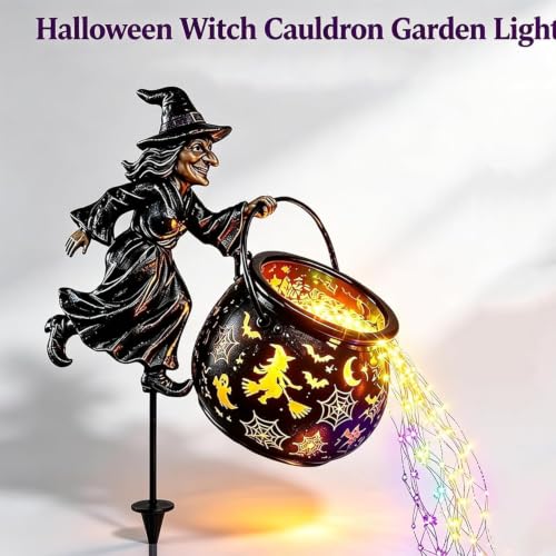 Caldero de bruja de Halloween para jardín con luces LED de cascada colorida 4