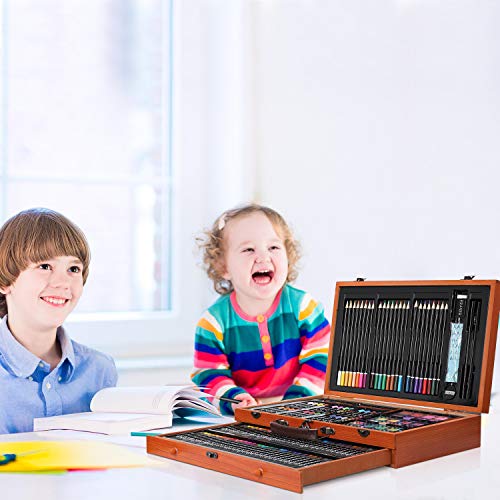 142 Piece Deluxe Art Sets, Painting & Drawing Kit,Mega Wooden Art Box,Art Case Portable,with Colored Pencils,Sketch Pencils,Crayons, Oil Pastels, Watercolor Cakes, Paint Brush, Sharpener, Eraser